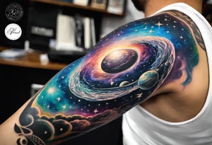 Half sleeve tattoo of a galaxy orbiting. tattoo idea