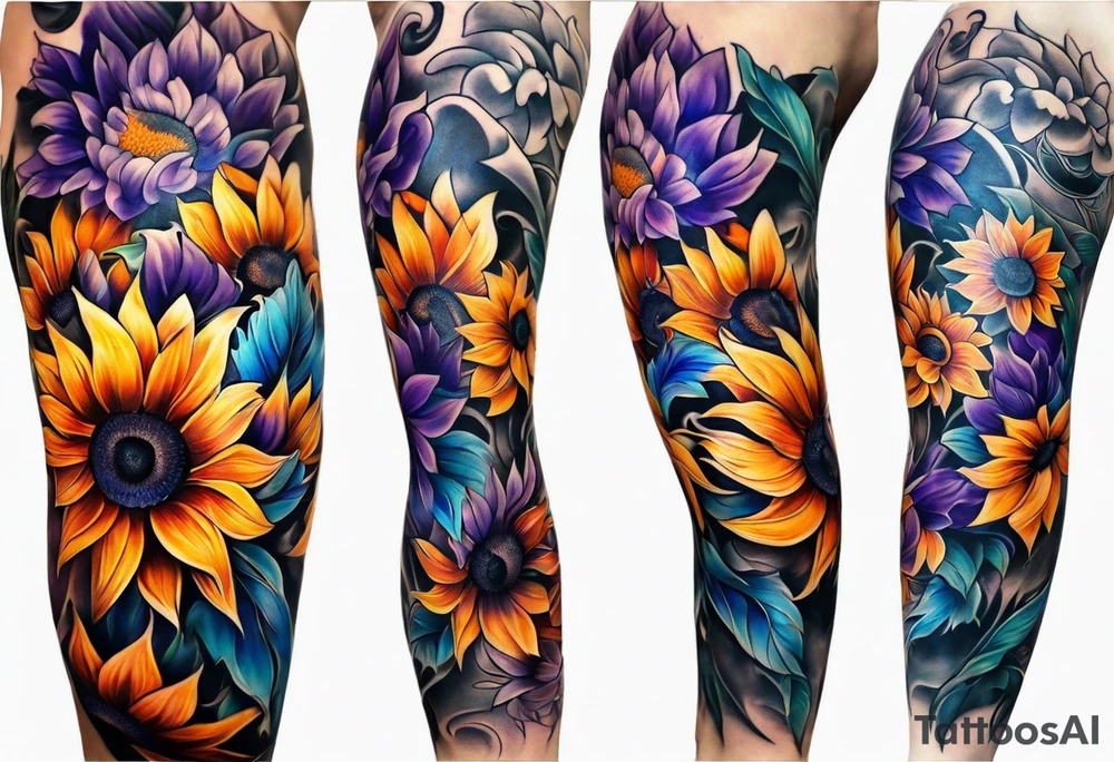 Full leg sleeve with purple, orange and blue sunflowers tattoo idea