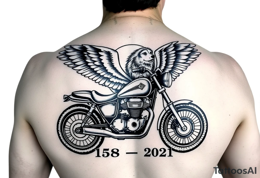 the year 1958 - 2021 with a motorcycle on it with guardian angel wolves tattoo idea
