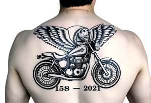 the year 1958 - 2021 with a motorcycle on it with guardian angel wolves tattoo idea
