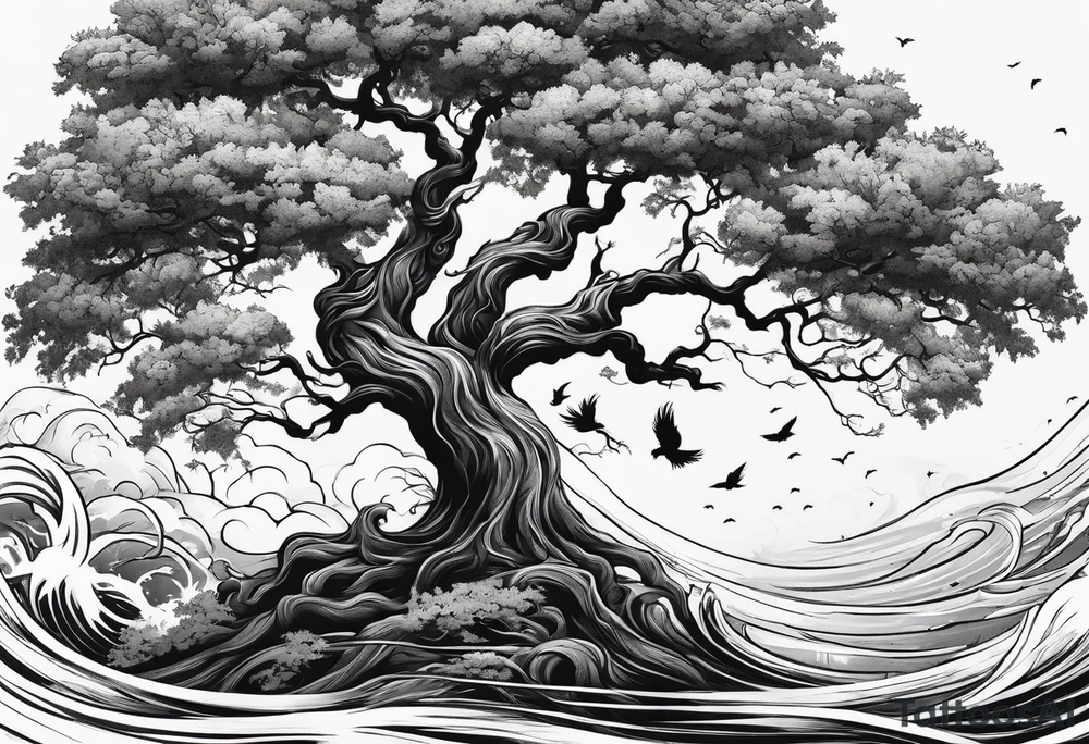 oak tree with phoenix and roots and waves and three birds tattoo idea
