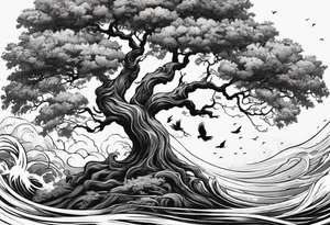 oak tree with phoenix and roots and waves and three birds tattoo idea