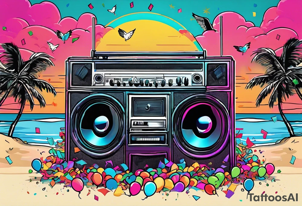 1980's style big boom box mith confetti, balloons and music notes against miami vice style beach background, include sexy party goers tattoo idea