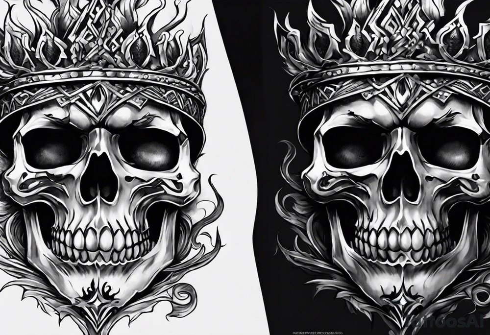 Un crâne assez hardcore avec une iroquoise sur le crâne style punk/métal avec des flammes derrière et avec 2 os qui forment une croix tattoo idea