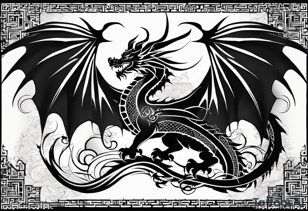 A black and white tattoo design of a flying dragon with spread wings. The dragon is a fusion of Chinese traditional and tribal styles, featuring detailed scales, claws, and a fierce expression.
The wings incorporate bold, sharp tribal patterns, while the body retains traditional Chinese elements like flowing lines and intricate details.
The design is centralized, intended for placement on the forearm, with a symmetrical and powerful appearance. The overall look is balanced with a mix of smooth curves and sharp angles, but just enough detail to ensure proper visibility tattoo idea