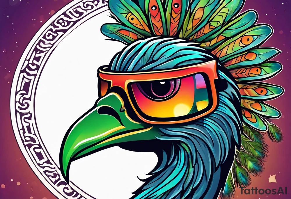 Colorful Mayan hieroglyph wearing sunglasses with water bats and peacock feathers tattoo idea