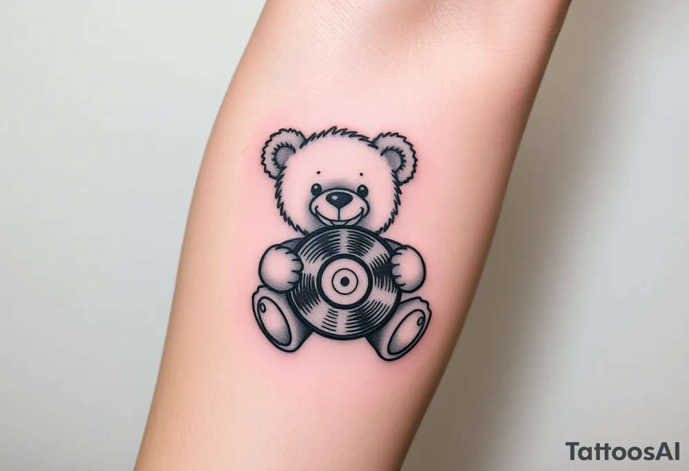minimalist teddy bear smiling and holding a vinyl record tattoo idea minimalist teddy bear smiling and holding a vinyl record tattoo idea