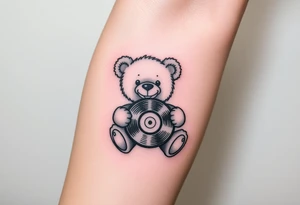 minimalist teddy bear smiling and holding a vinyl record tattoo idea