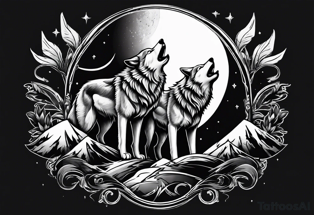 Wolfs and 4 cubs howling at moon tattoo idea