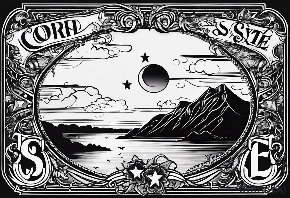 CARLISLE spelled out in cursive with cloud shading behind it and two stars with the initials TC and EC in each of them. tattoo idea