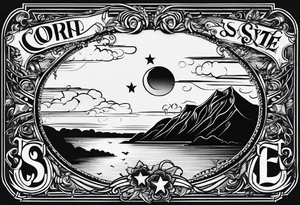 CARLISLE spelled out in cursive with cloud shading behind it and two stars with the initials TC and EC in each of them. tattoo idea