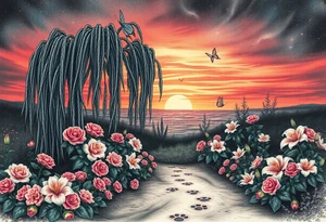 Sunset galaxy. Dark Ocean.  weeping willow garden with roses and lilies flower beds, fairies, mermiads, dragons butterflies,  cat paw prints path in dirt. tattoo idea