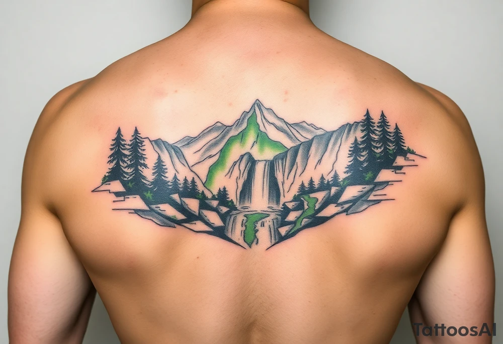 သား  surrounded by a colorful green mountainside with a waterfall tattoo idea