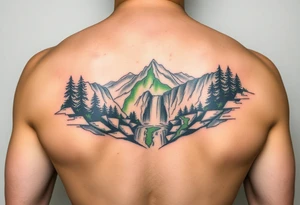 သား  surrounded by a colorful green mountainside with a waterfall tattoo idea