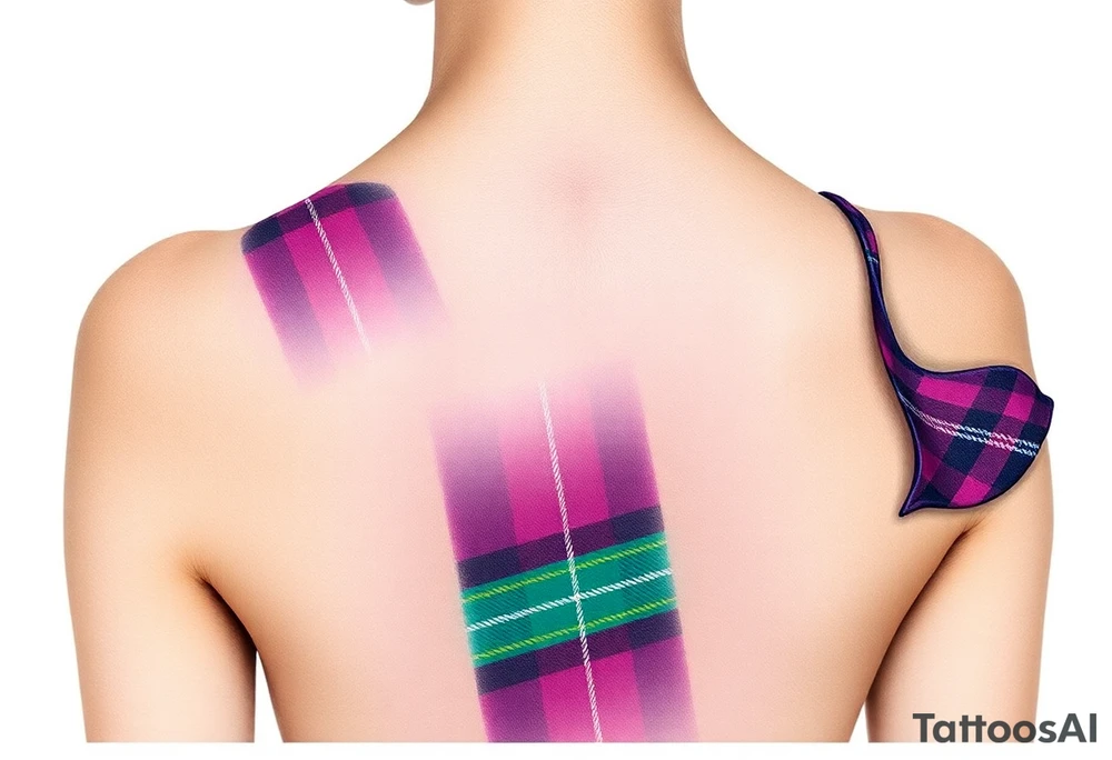 Chest 
Dark Purple with green pink blue and white highlights tartan fabric with skin around edges peeling and wrapping around side of shoulder tattoo idea