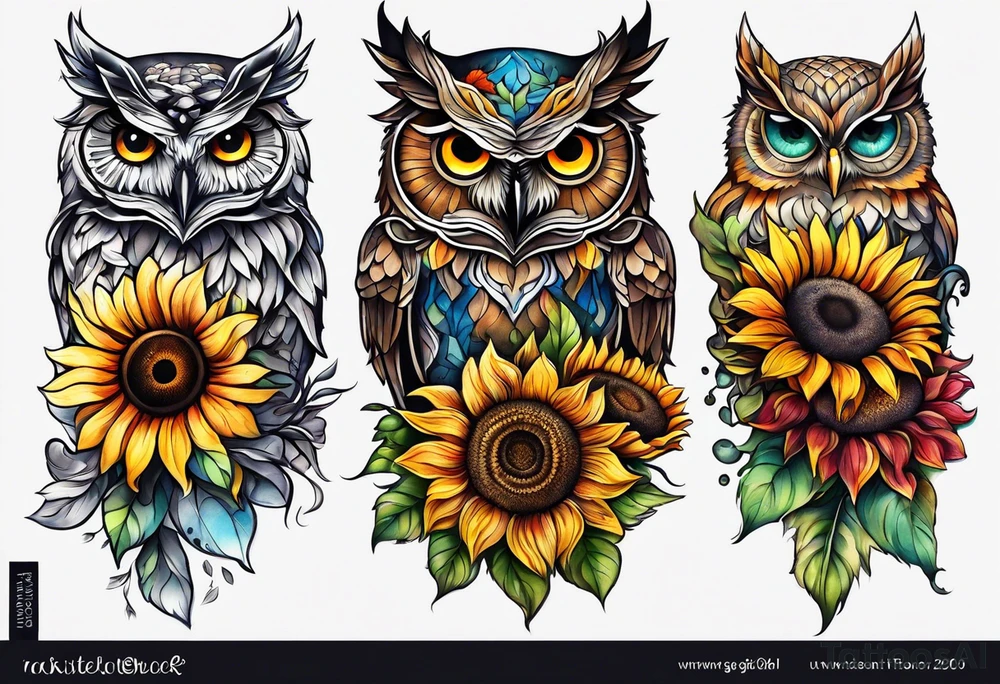 Leg sleeve with colorful sunflowers and an owl tattoo idea