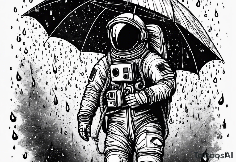 An astronaut holding an umbrella while it's raining showing the full body tattoo idea