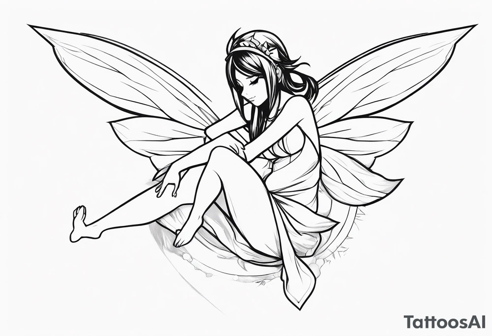 No color sketch of a fairy with a tail inspired by the guild symbol in the anime show called Fairy Tail in a fetal position leaning forward while crawled in and her body is an angle while floating in the air with big wings tattoo idea