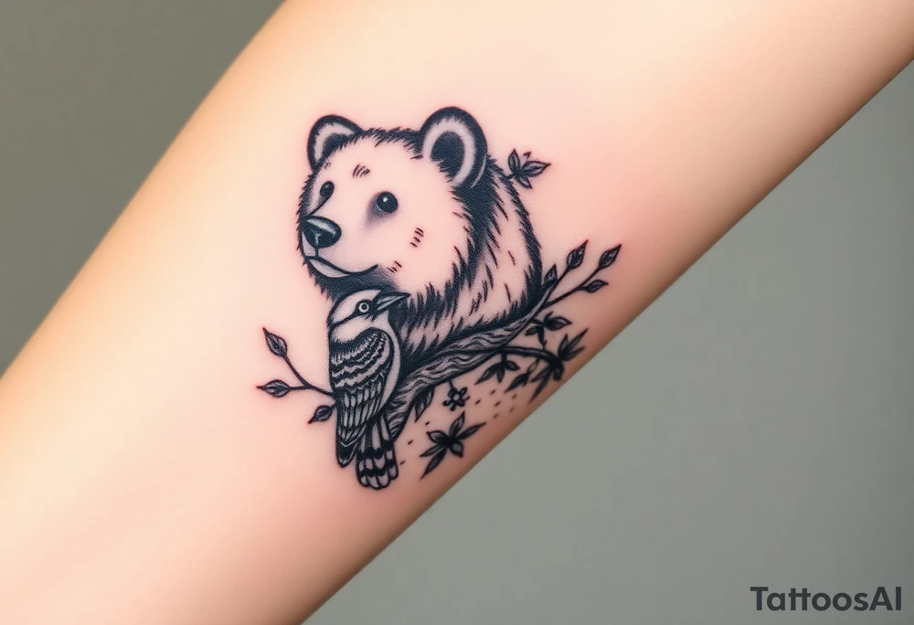 Realistic Woodland with a bear, woodpecker and cardinal tattoo idea