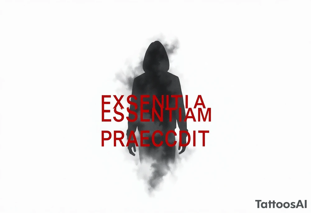 Create a blackwork tattoo design featuring a hazy, diffused human silhouette that appears to be emerging through a veil. Use shades of black and gray to suggest smoke or fog. Partially overlay the red text ‘EXISTENTIA ESSENTIAM PRAECEDIT’ onto the silhouette, making the letters partially covered by the figure. The overall mood should be minimalistic, mysterious, and conceptual, representing the existential notion that existence precedes essence.Create a blackwork tattoo design featuring a hazy, diffused human silhouette that appears to be emerging through a veil. Use shades of black and gray to suggest smoke or fog. Partially overlay the red text ‘EXISTENTIA ESSENTIAM PRAECEDIT’ onto the silhouette, making the letters partially covered by the figure. The overall mood should be minimalistic, mysterious, and conceptual, representing the existential notion that existence precedes essence. tattoo idea