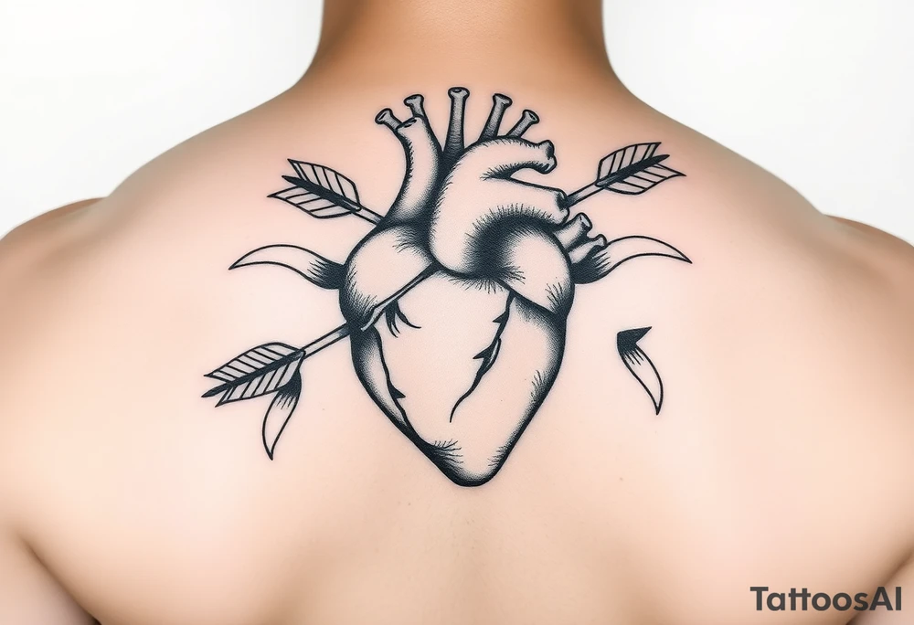 anatomical heart pierced by ornate arrow with flowing ribbons tattoo idea