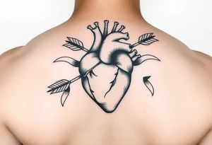 anatomical heart pierced by ornate arrow with flowing ribbons tattoo idea