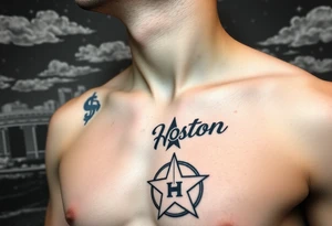 Houston texas skyline Behind houston astrodome leading up neck, stars nighttime stars and clouds, Houston Astros cursive in sky, Houston Astros star on neck, Benjamin Franklin money roll space suit tattoo idea