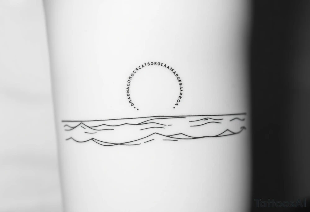 Tattoo sketch, black and white line art, marine theme. Calm sea with stylized waves, clear horizon. Above the horizon a large glowing sun or moon, with subtle Norse runes (Algiz, Raido) blended into the light. Minimalist, elegant, mythological marine atmosphere. Clean outlines, high contrast, no shading, stencil-ready, forearm tattoo design. tattoo idea