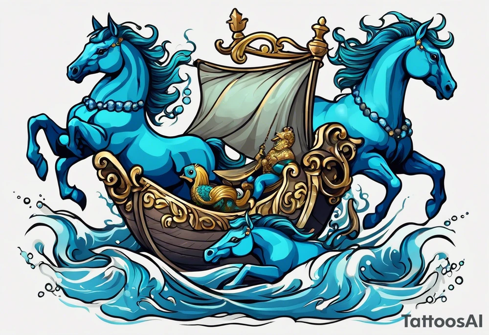 in the middle there are sea horses pulling a chariot. on the upper right is a blue nose and a rock sourrounded by water, on the upper left is a turtle with a golden shell and on the bottom is a ribbon with a sparrow on each side holding it up tattoo idea