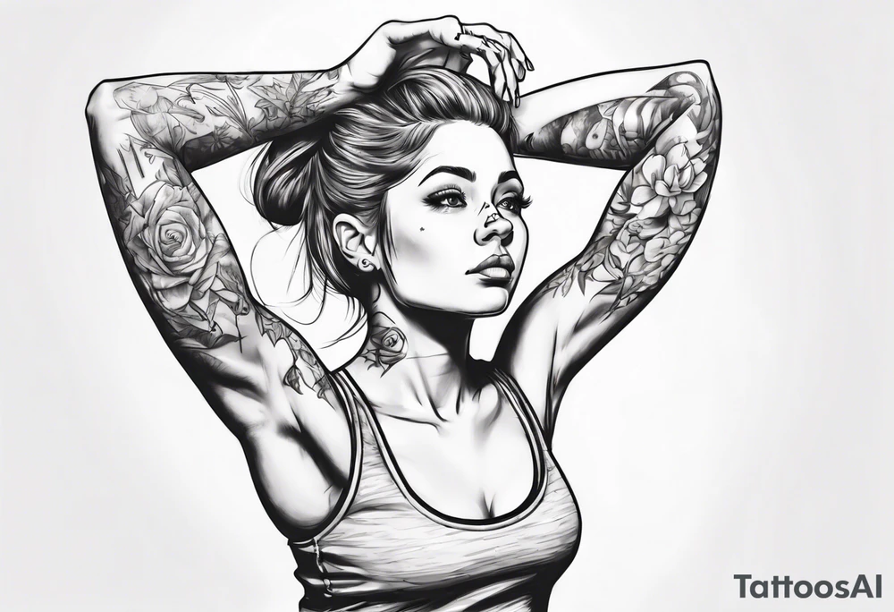 Cute girl stretching he arms above her head. She is wearing a sleeveless shirt tattoo idea