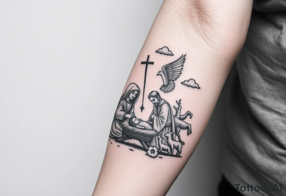 HALF SLEEVE forearm IDEA:
clouds
angel with wings portrait 
cross
The Nativity: The birth of Jesus in a manger, surrounded by Mary, Joseph, shepherds, and animals. It symbolizes hope and the beginning of Christ's life on Earth. tattoo idea