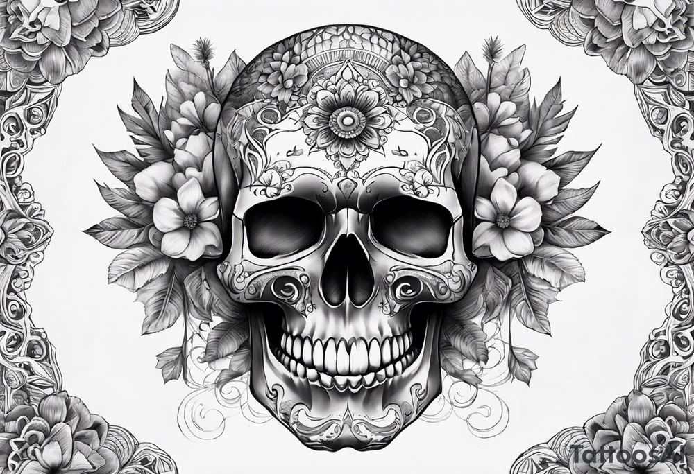 Draw me a realistic skull with big smoke out of his mouth add some flowers underneath with some mandalas Down under it tattoo idea
