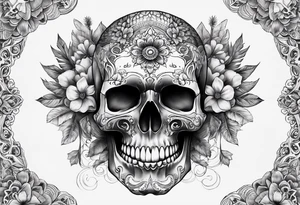 Draw me a realistic skull with big smoke out of his mouth add some flowers underneath with some mandalas Down under it tattoo idea