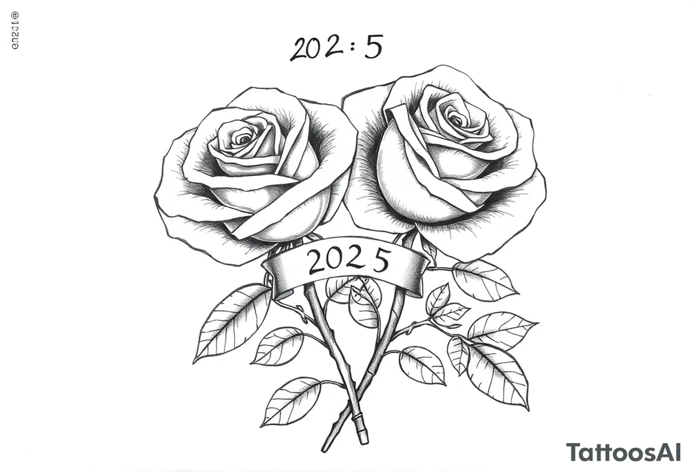 two beautiful rose buds, with many leaves and stems intertwined, representing two people in love. Include a small banner with "2025" on it.  The word "Rose" written in Kanji above the drawing. tattoo idea
