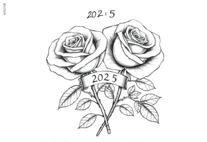 two beautiful rose buds, with many leaves and stems intertwined, representing two people in love. Include a small banner with "2025" on it.  The word "Rose" written in Kanji above the drawing. tattoo idea