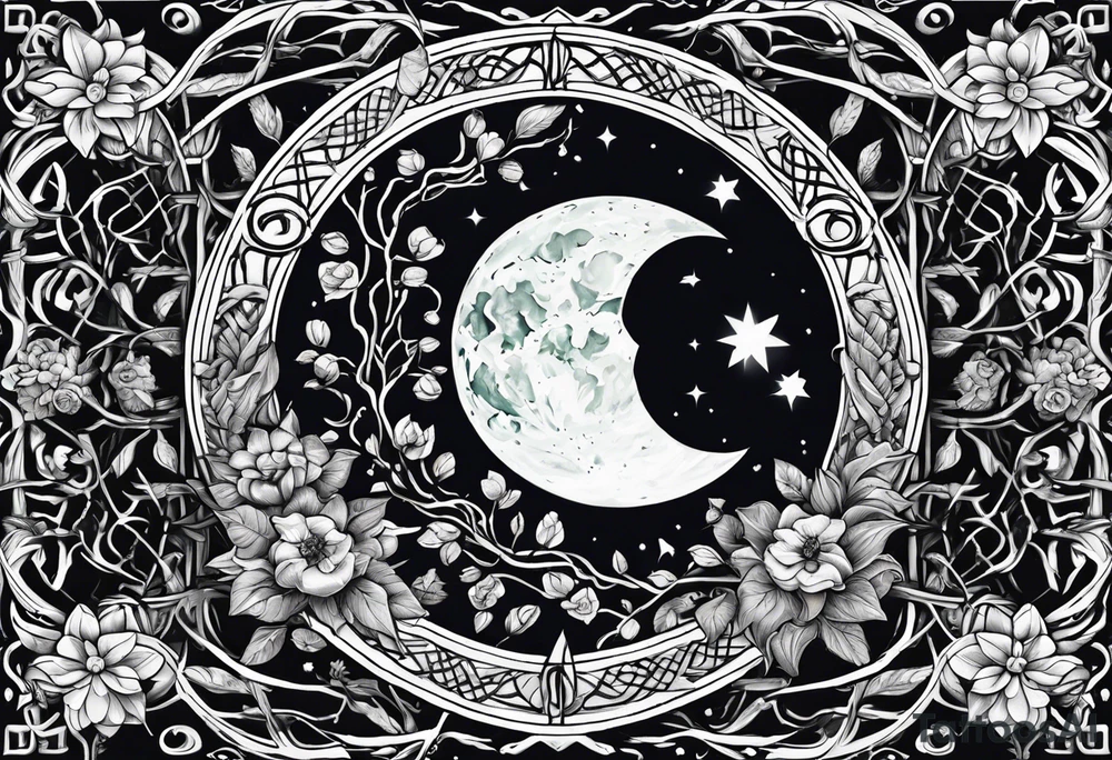 sleep token runes in the middle of a moon with tangled vines at the bottom with a dagger and flowers below it tattoo idea