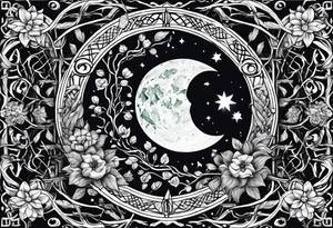 sleep token runes in the middle of a moon with tangled vines at the bottom with a dagger and flowers below it tattoo idea