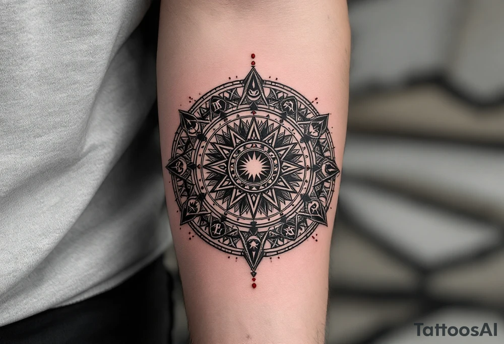 A charcoal black alchemical circle containing zodiac signs and red dots of energy at each point. tattoo idea
