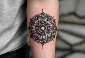 A charcoal black alchemical circle containing zodiac signs and red dots of energy at each point. tattoo idea