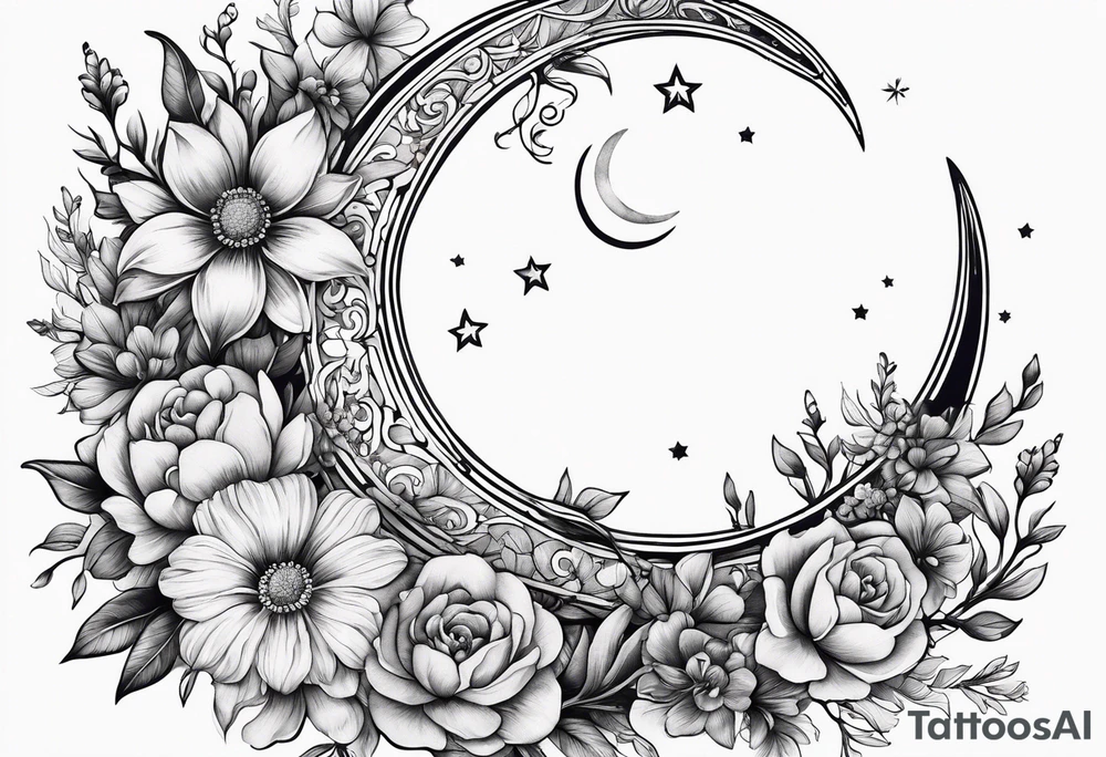 Crescent moon shrouded by beautiful flowers tattoo idea