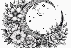 Crescent moon shrouded by beautiful flowers tattoo idea