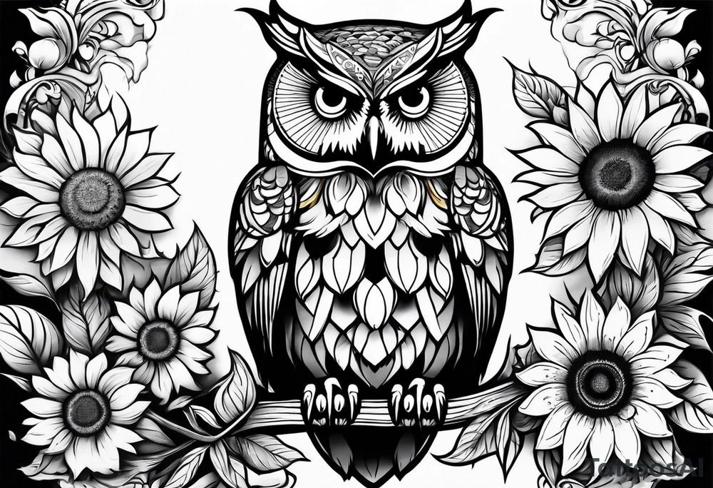 Black and white owl with sunflowers leg sleeve tattoo idea