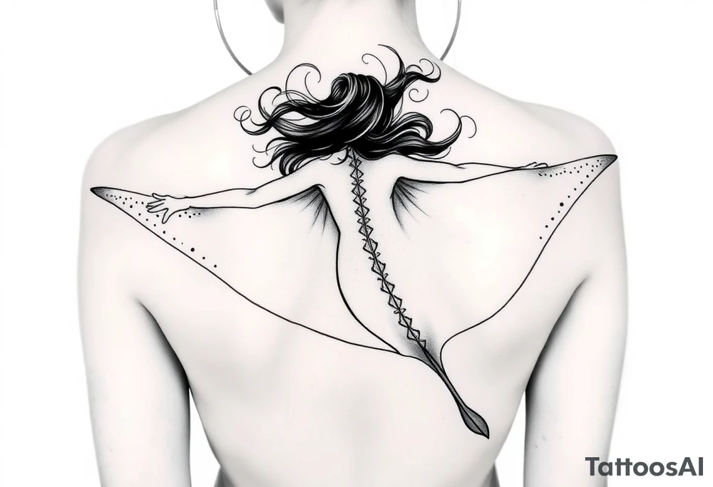 Freediving Woman whole Body with a mobula ray in the Open sea tattoo idea