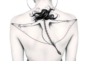 Freediving Woman whole Body with a mobula ray in the Open sea tattoo idea