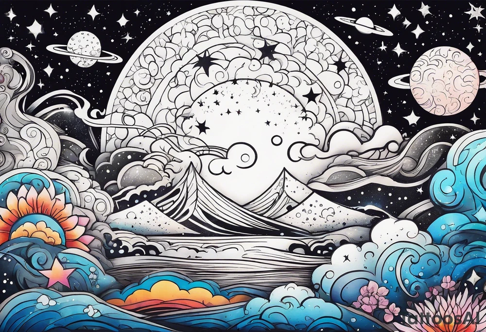 Celestial Galaxy scene with beautiful details of gas stars and space tattoo idea