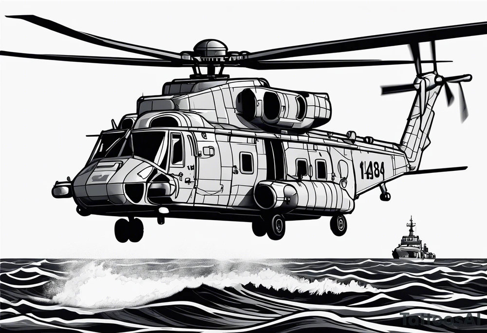 canadian military grey helicopter cyclone CH-148, a helicopter flying over rough sea, military art, ocean specular, highly detailed background, detailed 4 k drawing tattoo idea