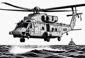 canadian military grey helicopter cyclone CH-148, a helicopter flying over rough sea, military art, ocean specular, highly detailed background, detailed 4 k drawing tattoo idea