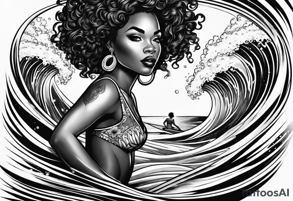 Black woman with natural hair surfing pinup tattoo idea