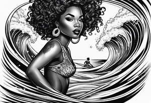 Black woman with natural hair surfing pinup tattoo idea