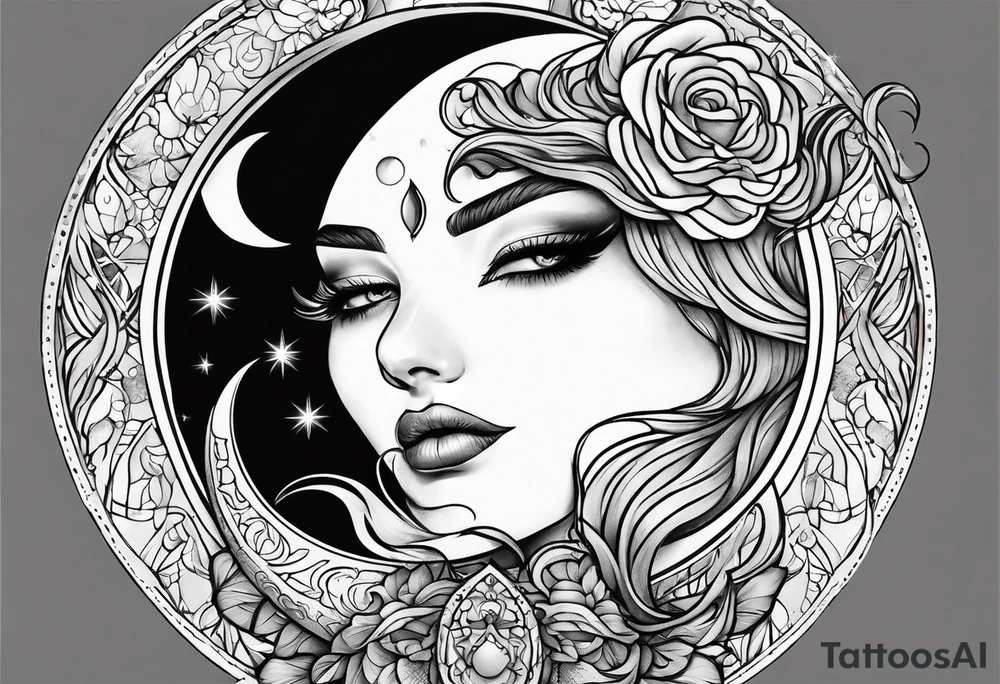 woman in dress straddling a crescent moon tattoo idea